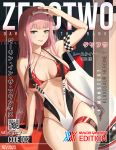  1girl arm_support arm_up armband armpits bare_arms bare_shoulders bikini breasts cover cover_page criss-cross_halter darling_in_the_franxx eyeshadow green_eyes grin hairband halterneck large_breasts long_hair looking_at_viewer makeup navel nevblindarts pink_hair race_queen red_bikini revealing_clothes smile solo strap_gap string_bikini swimsuit thigh_strap thighs very_long_hair zero_two_(darling_in_the_franxx) 