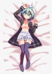  1girl arm_up ass_visible_through_thighs bangs bed_sheet black_legwear breasts character_request closed_mouth collarbone cougar1404 full_body green_eyes hat looking_at_viewer lying majin_shoujo medium_breasts multicolored_hair on_back short_hair skirt solo thighhighs white_skirt zettai_ryouiki 