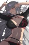  1girl absurdres ahoge bangs belt bikini black_bikini black_choker black_jacket blush breasts choker cleavage clenched_teeth cropped_jacket fate/grand_order fate_(series) highres hood_(james_x) jacket jeanne_d&#039;arc_(alter_swimsuit_berserker) jeanne_d&#039;arc_(fate)_(all) large_breasts long_hair looking_to_the_side navel o-ring o-ring_bikini shrug_(clothing) silver_hair simple_background swimsuit tearing_up teeth very_long_hair white_background yellow_eyes 