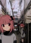  3girls ahoge alley arms_behind_back bad_id bad_twitter_id bangs hair_bobbles hair_ornament hand_in_pocket highres looking_at_viewer multiple_girls original photo_background pink_hair pipes red_eyes sitting smile tagme unxi veinte 