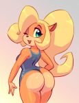  2020 activision anthro bandicoot blonde_hair breasts butt clothing coco_bandicoot crash_bandicoot_(series) female green_eyes hair hi_res long_hair looking_at_viewer mammal marsupial nitro one-piece_swimsuit one_eye_closed open_mouth open_smile orange_body simple_background smile solo swimwear video_games wink 