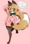  1girl :3 :d animal_ears animal_nose averi_(fiddleafox) blush commentary digitigrade english_commentary english_text eyebrows_visible_through_hair fangs fiddleafox flight_attendant fox_ears fox_girl fox_tail full_body furry green_eyes green_neckwear hand_on_head hand_on_hip leg_up long_hair looking_at_viewer open_mouth pink_background pink_skirt red_fox simple_background skirt smile snout solo standing tail white_fur yellow_fur 