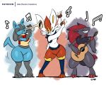  2020 5:4 ambiguous_gender anthro brass_instrument castanets cinderace eyes_closed group guitar hi_res holding_musical_instrument holding_object joaoppereiraus lucario music musical_instrument nintendo playing_guitar playing_music playing_trumpet plucked_string_instrument pok&eacute;mon pok&eacute;mon_(species) string_instrument trumpet video_games wind_instrument zoroark 