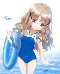  1girl artist_name breasts brown_eyes brown_hair commentary_request cowboy_shot hair_ornament high_school_fleet highres innertube leaning_to_the_side long_hair looking_at_viewer retsumaru school_swimsuit simple_background small_breasts solo standing swimsuit two-tone_swimsuit uda_megumi water wavy_hair white_background x_hair_ornament 