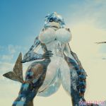  1:1 2019 3d_(artwork) animal_humanoid anthro bodily_fluids breasts digital_media_(artwork) female fish fish_humanoid genitals hair hi_res humanoid looking_at_viewer mammal marine marine_humanoid nika_sharkeh nipples nude open_mouth shark shark_humanoid shark_tail simple_background smile solo sowat-blend tattoo watermark wet 