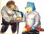  2020 anthro belly blue_body blue_fur bottomwear brown_body brown_fur canid canine canis clothing domestic_dog duo fur hi_res kemono male male/male mammal morningbread16 overweight overweight_male pants shirt topwear underwear undressing ursid 
