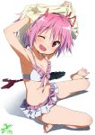  1girl ;d absurdres alternate_costume armpits arms_up bare_legs barefoot bikini black_skirt blush breasts cleavage clothes clothes_removed collarbone dot_nose eyebrows_visible_through_hair frilled_bikini frills from_above full_body hair_ribbon halter_top halterneck happy head_tilt highres kaname_madoka looking_at_viewer mahou_shoujo_madoka_magica navel one_eye_closed open_mouth pink_eyes pink_hair pink_ribbon pink_x plaid plaid_skirt pleated_skirt red_ribbon ribbon shaded_face shadow shiny shiny_hair shiny_skin shirt shirt_removed signature simple_background sitting skirt skirt_removed small_breasts smile solo spread_legs stomach swimsuit tareme water water_drop wet wet_hair white_background white_bikini 