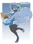  2020 anthro apron basket black_nose blue_body blue_fur blue_hair bread breasts canid canine canis chest_tuft clothing collar cute_fangs digitigrade eyes_closed female food fur hair holding_object kdhynamo legwear maku_(maku450) mammal on_one_leg simple_background smiel smile solo standing stockings tuft wolf 