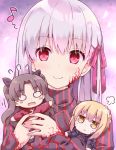  3girls :&lt; armor artoria_pendragon_(all) bangs black_ribbon blonde_hair blush blush_stickers brown_hair chibi closed_mouth commentary_request dark_sakura eyebrows_visible_through_hair facial_mark fate/stay_night fate_(series) hair_ribbon heaven&#039;s_feel lavender_hair long_hair long_sleeves matou_sakura multiple_girls musical_note o_o red_eyes red_ribbon ribbon rioshi saber_alter short_hair smile striped tohsaka_rin turtleneck two_side_up upper_body vertical_stripes yellow_eyes 