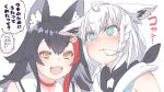  2girls ahoge animal_ear_fluff animal_ears bangs bare_shoulders black_hair blank_eyes blush chinese_commentary choker commentary_request eyebrows_visible_through_hair fangs fox_ears fox_girl green_eyes hair_between_eyes hair_in_mouth hair_ornament hairclip hololive long_hair looking_at_another multicolored_hair multiple_girls ookami_mio open_mouth red_choker red_hair shirakami_fubuki sidelocks simple_background tataki_tuna translation_request two-tone_hair upper_body virtual_youtuber white_background white_hair white_hoodie wolf_ears wolf_girl yellow_eyes 