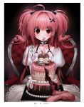  ahoge black_background cake ear_piercing food guro hair_ornament highres intestine_hair lilith_(unxi) lilith_cat_(unxi) original piercing pink_hair red_eyes tagme twintails unxi veinte x_hair_ornament 