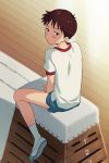  11kkr 1boy between_legs black_eyes blue_shorts blush brown_hair from_behind gym_shirt gym_uniform hand_between_legs highres ikari_shinji indoors jitome looking_back male_focus neon_genesis_evangelion shirt shoes short_hair shorts sitting socks solo sweatdrop uwabaki vaulting_horse white_legwear 