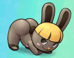  2020 animal_crossing anthro ass_up bent_over blonde_hair blue_background blush blush_stickers bonbon_(animal_crossing) brown_body brown_eyes butt clothing color_edit colored crossed_arms edit epilepticgerbil female flat_chested footwear gradient_background green_background hair hi_res lagomorph leporid looking_at_viewer mammal mostly_nude nintendo nipples pink_nipples rabbit sandals simple_background solo sr three-quarter_view video_games yellow_nose 