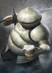  1boy alcohol armor beer beer_mug breastplate commentary_request cup dark_souls facing_viewer full_armor gauntlets helm helmet highres holding holding_sword holding_weapon mug over_shoulder pauldrons shoulder_armor siegward_of_catarina solo souls_(from_software) spilling sword visor_(armor) weapon weapon_over_shoulder yusepe 