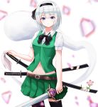  1girl absurdres bangs belt black_bow black_hairband black_legwear black_neckwear blue_eyes blurry blush bow bowtie commentary_request cowboy_shot flower green_skirt green_vest hair_ribbon hairband hand_on_weapon highres holding holding_sword holding_weapon kano_(wi3028) katana konpaku_youmu looking_at_viewer midriff miniskirt petals pleated_skirt puffy_sleeves ribbon scabbard sheath sheathed shirt short_hair short_sleeves silver_hair skirt solo standing sword thighhighs touhou vest weapon white_background white_shirt wing_collar zettai_ryouiki 