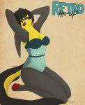  anthro clothed clothing felid female fur hi_res hybrid long_ears long_tail mammal old pinup pixel_ripley pixwell pose red_eyes retro swimwear vintage yellow_body yellow_fur 