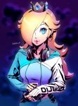  1girl alternate_costume blonde_hair blue_eyes crown datcravat earrings hair_over_one_eye headphones headphones_around_neck highres hood hoodie hoop_earrings jewelry lips long_hair mario_(series) rosalina smile solo space super_mario_galaxy 