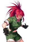  1girl bangs black_gloves crazy_eyes dark_persona earrings evilgun gloves green_jacket green_shorts high_ponytail highres jacket jewelry leona_heidern looking_at_viewer midriff military military_uniform open_mouth orochi_leona ponytail red_hair shorts snk soldier solo the_king_of_fighters triangle_earrings uniform white_background yellow_eyes 
