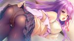  1girl ama_ama_sharing ashino_koyomi ass bangs bare_shoulders black_legwear blush bra breasts buttons clothed_masturbation crotch_rub dutch_angle game_cg grabbing_own_breast hair_ribbon large_breasts long_hair masturbation masturbation_through_clothing off_shoulder open_mouth panties panties_under_pantyhose pantyhose plaid plaid_skirt purple_eyes purple_hair pussy_juice_stain ribbon rubi-sama saliva school_uniform skirt skirt_lift solo stained_panties sweat sweater_vest table table_sex tongue tongue_out torogao unbuttoned underwear yellow_bra 