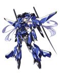  1girl black_skirt blue_eyes blue_hair floating floating_hair frame_arms_girl highres i.takashi mecha_musume mechanical_wings skirt solo stylet white_background wings 