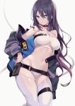  1girl bandeau banned_artist bare_shoulders belt belt_pouch black_choker black_jacket blue_eyes breasts choker groin hair_between_eyes hand_on_hip highres ikomochi jacket long_hair looking_at_viewer medium_breasts midriff navel off_shoulder open_clothes open_jacket original pouch purple_hair simple_background smile solo stomach strapless thigh_cutout thigh_strap thighs tubetop underboob underboob_cutout white_background 