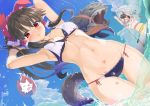  2girls armpits arms_up ass_visible_through_thighs bare_arms bare_shoulders bikini blue_sky blush bow breasts brown_hair cloud day dutch_angle fish grey_hair groin hair_bow hair_tubes hakurei_reimu horns layered_bikini long_hair looking_at_viewer medium_breasts multicolored_hair multiple_girls navel net outdoors paw_print ponytail puuakachan red_bow red_eyes side-tie_bikini sidelocks sky standing stomach summer swimsuit tail thigh_gap touhou two-tone_hair ushizaki_urumi wading wolf_spirit_(touhou) wolf_tail 