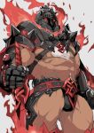  1boy abs armor bara beard body_hair briefs bulge chest chest_hair chest_harness embers facial_hair fire gauntlets helmet kamado023 male_focus manly muscle navel nipples pauldrons pectorals red_eyes shirtless shoulder_armor solo surtr_(tokyo_houkago_summoners) thick_thighs thighs tokyo_houkago_summoners underwear upper_body 