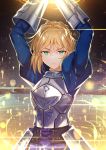  1girl ahoge armor armored_dress arms_up artoria_pendragon_(all) bangs blonde_hair blue_dress braid breastplate breasts commentary_request cowboy_shot dress fate/stay_night fate_(series) gauntlets green_eyes hair_ribbon highres holding holding_weapon juliet_sleeves light light_particles long_sleeves looking_at_viewer medium_breasts mountainous_horizon parted_lips puffy_sleeves ribbon saber shiny shiny_hair short_hair sidelocks solo tapioka_(oekakitapioka) upper_body weapon 