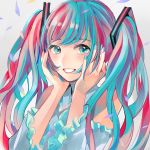  1girl absurdres blue_eyes blue_hair blue_nails confetti hair_ornament hands_up hatsune_miku highres huge_filesize long_hair looking_at_viewer multicolored_hair pink_hair richard_(ri39p) simple_background smile solo twintails upper_body vocaloid 