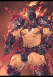  1boy abs armor bara beard body_hair briefs bulge chest chest_hair embers facial_hair fire gauntlets helmet highres male_focus manly mao_ten_go muscle navel nipples pauldrons pectorals red_eyes shirtless short_hair shoulder_armor solo surtr_(tokyo_houkago_summoners) thick_thighs thighs tokyo_houkago_summoners underwear upper_body veins weapon weapon_on_back 