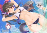  2girls armpits arms_up ass_visible_through_thighs bare_arms bare_shoulders bikini blue_sky blush bow breasts brown_hair cloud commentary_request day dutch_angle fish grey_hair groin hair_bow hair_tubes hakurei_reimu horns layered_bikini long_hair looking_at_viewer medium_breasts multicolored_hair multiple_girls navel net outdoors paw_print ponytail puuakachan red_bow red_eyes side-tie_bikini sidelocks sky standing stomach summer swimsuit tail thigh_gap touhou translation_request two-tone_hair ushizaki_urumi wading wolf_spirit_(touhou) wolf_tail 