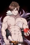  1boy 1other abs apple belial_(granblue_fantasy) belt brown_hair chest feather_boa food fruit granblue_fantasy groping hand_in_pants highres kuroshinki looking_at_viewer male_focus muscle navel nipples pants pectoral_grab pectorals red_eyes shirtless short_hair smile solo_focus upper_body 