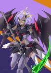  1girl beam_scythe dark_skin green_eyes gundam gundam_deathscythe_hell_custom gundam_wing gundam_wing_endless_waltz highres holding holding_scythe i.takashi looking_at_viewer looking_to_the_side mecha_musume midriff_cutout personification purple_hair scythe short_hair smirk solo v-fin 