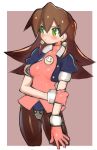  1girl bangs blush breasts brown_hair cowboy_shot cropped_jacket crotch_plate dakusuta earrings gloves green_eyes hair_between_eyes hair_down highres holding_arm jewelry long_hair medium_breasts pink_gloves puffy_short_sleeves puffy_sleeves rockman rockman_dash short_sleeves simple_background small_breasts solo tron_bonne 