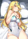  1girl 92m bangs bare_shoulders blonde_hair blush breasts cleavage closed_mouth covered_navel earrings hands_on_own_chest highres jewelry large_breasts long_hair looking_to_the_side mythra_(xenoblade) on_bed one-piece_swimsuit pillow sidelocks swept_bangs swimsuit thighs tiara white_swimsuit xenoblade_chronicles_(series) xenoblade_chronicles_2 yellow_eyes 