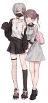  2girls :d arm_hug asymmetrical_legwear backpack bag black_footwear black_jacket black_legwear black_skirt blush boots breasts brown_eyes brown_hair collared_dress cross cross_necklace dress ear_piercing fishnet_legwear fishnets full_body grey_dress grey_hair heart highres jacket jewelry kanju kneehighs long_hair mask mouth_mask multicolored_hair multiple_girls necklace off_shoulder open_clothes open_jacket open_mouth original piercing pleated_skirt red_eyes red_hair shirt side_ponytail simple_background single_kneehigh single_thighhigh skirt small_breasts smile standing streaked_hair thighhighs white_background white_shirt yuri 