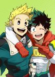  2boys arm_around_shoulder bodysuit boku_no_hero_academia cosplay covered_abs covered_navel freckles gloves green_bodysuit green_eyes green_hair highres kuroshinki male_focus midoriya_izuku midoriya_izuku_(cosplay) multiple_boys open_mouth short_hair smile toned toned_male toogata_mirio toogata_mirio_(cosplay) 