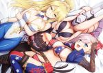  animal_ears artoria_pendragon_(all) artoria_pendragon_(lancer) bikini blonde_hair blush braids breast_hold breasts bunny_ears cleavage elbow_gloves fate/grand_order fate_(series) garter_belt gloves green_eyes kurikara long_hair miyamoto_musashi_(fate/grand_order) osakabehime pink_eyes pink_hair ponytail swimsuit thighhighs 