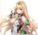  &gt;:) 1girl bangs bare_shoulders blonde_hair blush breasts brown_eyes cannian_dada chest_jewel cleavage cleavage_cutout closed_mouth dress earrings elbow_gloves eyebrows_visible_through_hair faulds gem glint gloves hand_up jewelry large_breasts long_hair looking_at_viewer mythra_(xenoblade) neon_trim sleeveless sleeveless_dress smile solo swept_bangs tiara upper_body v-shaped_eyebrows very_long_hair white_dress white_gloves xenoblade_chronicles_(series) xenoblade_chronicles_2 