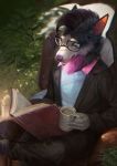  2020 add_(character) anthro armchair beverage black_body black_fur book bubble canid canine canis chair clothed clothing coffee coffee_cup crossed_legs day detailed detailed_background digital_media_(artwork) digital_painting_(artwork) domestic_dog dust eyewear foam front_view fully_clothed fur furniture glasses hi_res high-angle_view holding_beverage holding_book holding_cup holding_object husky leaf male mammal neck_tuft nordic_sled_dog on_chair outside particles pink_body pink_fur pink_nose raised_leg reading royzilya sitting smile solo spitz tuft whiskers white_body white_fur 