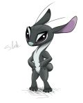  2019 4_toes alien black_and_white_body black_claws character_name claws disney experiment_(lilo_and_stitch) eyelashes fan_character female female_(lore) hands_on_hips hi_res junkdraweradopts lilo_and_stitch multicolored_body purple_eyes purple_inner_ear semi-anthro short_tail slick_(deathandthemoon) solo standing toes two_tone_body 