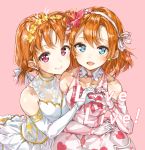  2girls :d absurdres ahoge alternate_hairstyle arm_around_waist bangs blue_eyes collarbone copyright_name detached_collar dress earrings elbow_gloves eyebrows_visible_through_hair flower gloves hair_flower hair_ornament hair_ribbon heart heart_hands heart_print highres holding_hands jewelry kousaka_honoka looking_at_viewer love_live! love_live!_school_idol_project love_live!_sunshine!! multiple_girls open_mouth pink_background pink_dress pink_flower pink_gloves purple_eyes ribbon short_hair side_bun sidelocks simple_background smile takami_chika takenoko_no_you thank_you_friends!! twintails white_dress white_gloves white_ribbon yellow_flower 