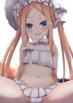  1girl :d abigail_williams_(fate/grand_order) abigail_williams_(swimsuit_foreigner)_(fate) amano_kouki bangs bare_arms bare_shoulders bikini blonde_hair blue_eyes blush bonnet bow commentary_request eyebrows_visible_through_hair fate/grand_order fate_(series) forehead hair_bow highres innertube long_hair navel open_mouth parted_bangs sidelocks simple_background smile solo spread_legs strapless strapless_bikini striped striped_bow swimsuit twintails very_long_hair white_background white_bikini white_bow white_headwear 