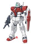  beam_rifle dated energy_gun gm_(mobile_suit) gun gundam highres holding holding_gun holding_shield holding_weapon looking_ahead mecha mobile_suit mobile_suit_gundam pravin_rao_santheran redesign shield solo standing visor weapon white_background 