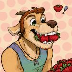  1:1 anthro bovid brown_hair canid canine canis caprine clothing dingo english_text fangs food fruit goat hair heterochromia hi_res horn hybrid jackaloo male mammal open_mouth plant shirt solo strawberry tank_top text topwear 