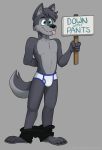 anthro blue_eyes briefs canid canine canis clothed clothing english_text fur grey_body grey_fur hi_res holding_object holding_sign male mammal pants_down partially_clothed sebtheredpanda sign solo sweatpants text tongue tongue_out underwear white_briefs wolf zach_the_wolf 