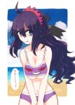  1girl ahoge bangs beach bikini blue_eyes blue_sky blush breast_squeeze breasts cleavage commentary cowboy_shot day hairband hex_maniac_(pokemon) highres ino_(tellu0120) large_breasts long_hair looking_at_viewer messy_hair navel open_mouth outdoors pokemon pokemon_(game) pokemon_xy print_bikini purple_bikini purple_eyes purple_hair purple_hairband sky smile solo spiral_eyes sweat swimsuit underboob 