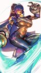  1girl android bangs blunt_bangs breasts dark_skin dgrp_(minhduc12333) energy_blade energy_sword english_commentary hair_over_one_eye headgear hime_cut holding holding_weapon jumping large_breasts layer_(rockman) long_hair mole mole_under_eye navel open_mouth purple_hair robot_ears rockman rockman_x simple_background sword underboob weapon 
