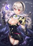  1girl artist_name black_gloves breasts cape cleavage commentary commentary_request corrin_(fire_emblem) corrin_(fire_emblem)_(female) elbow_gloves eyebrows_visible_through_hair fire_emblem fire_emblem_fates fire_emblem_heroes gloves hairband haru_(nakajou-28) highres long_hair looking_at_viewer medium_breasts pointy_ears red_eyes solo stone torn_cape torn_clothes white_hair 