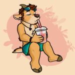  1:1 anthro bottomwear bovid brown_hair canid canine canis caprine clothed clothing dingo drinking_straw eyes_closed eyewear goat hair hi_res hooves horn hybrid jackaloo male mammal shorts sitting smoothie solo sunglasses topless 